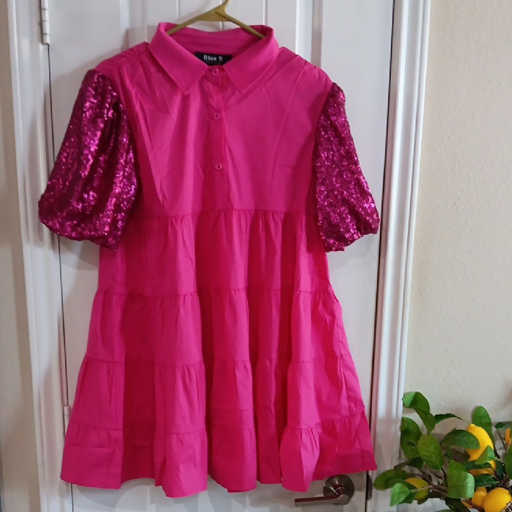 Blue B COLLECTION Pink Polo Bodice Dress with Elastic Sequin Sleeves